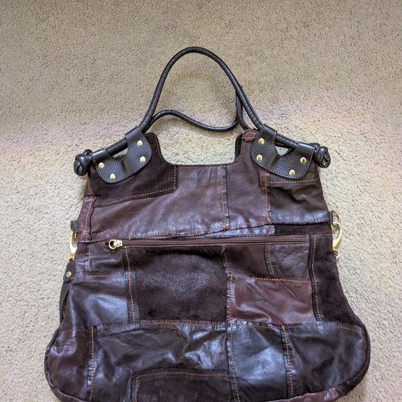 Pietro Alessandro Patchwork Leather Slouchy Boho Brown Relaxed Fall Vibe Handbag - Picture 4 of 12